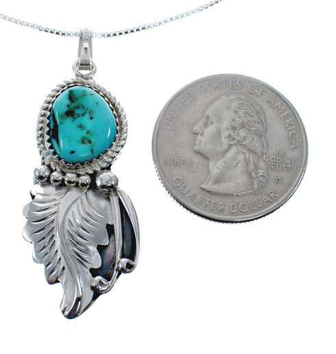 Sterling Silver Leaf Navajo Turquoise Pendant 16" Box Italian Chain Necklace Set AX127635